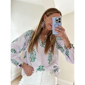 J CREW Cotton Artist Top Striped Floral Ruffle V Neck Purple‎ Green Medium